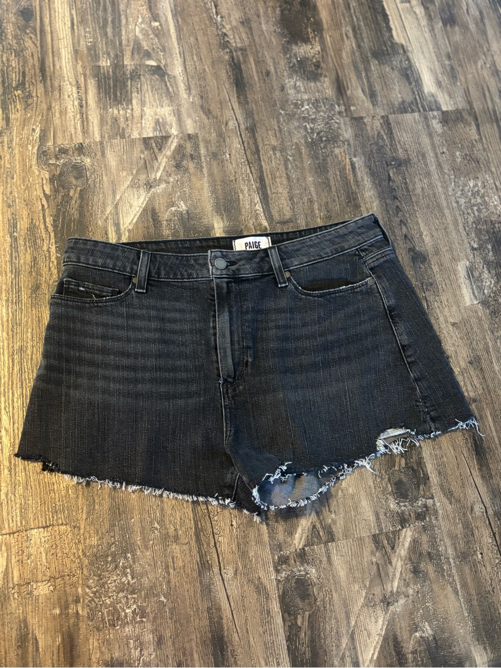 PAIGE Black Frayed Hem Denim Shorts